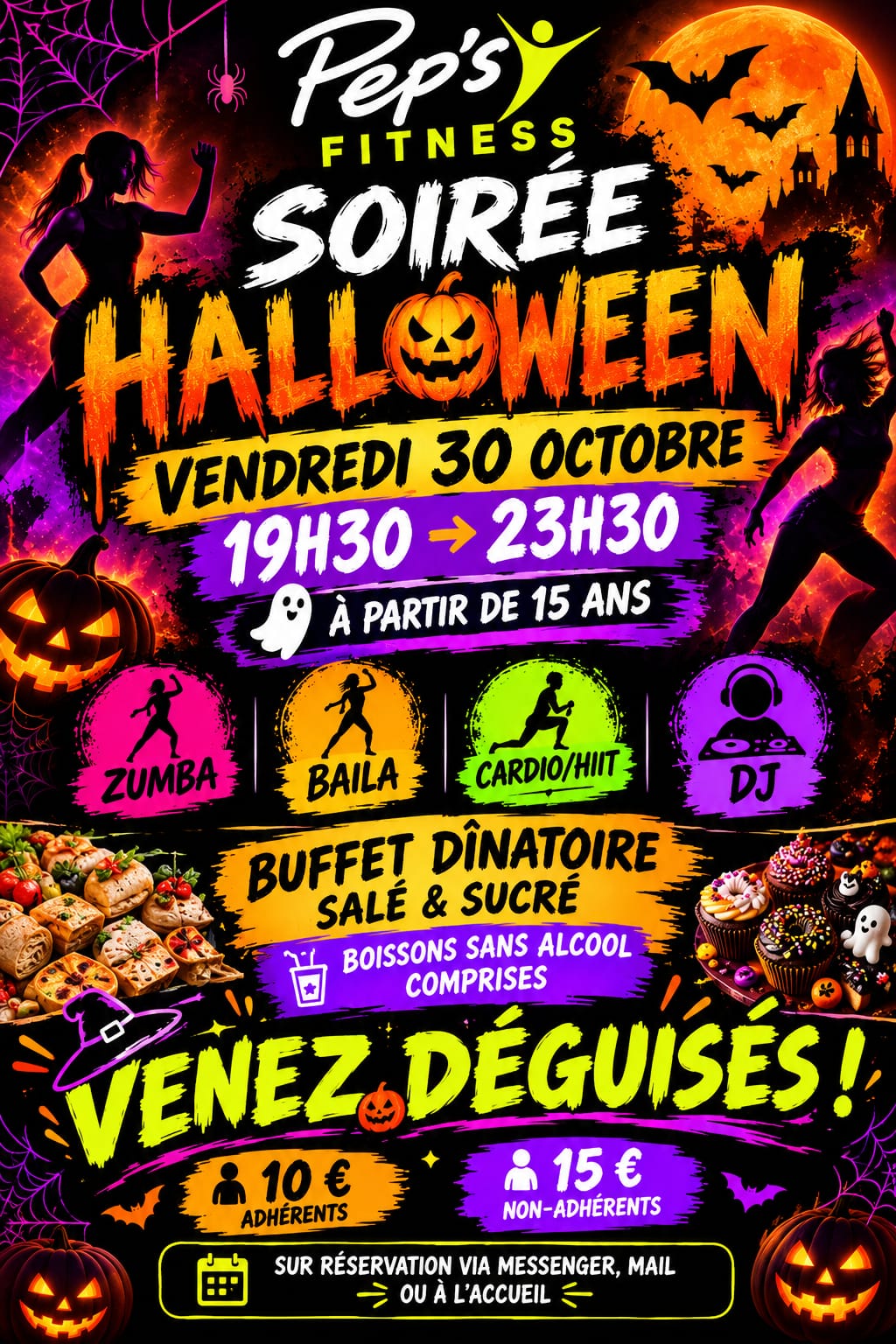 Affiche de la Soirée Halloween Pep's Fitness du vendredi 30 octobre 2026 : Zumba, Baila, Cardio/HIIT, DJ, buffet dînatoire, 10 € adhérents, 15 € non-adhérents